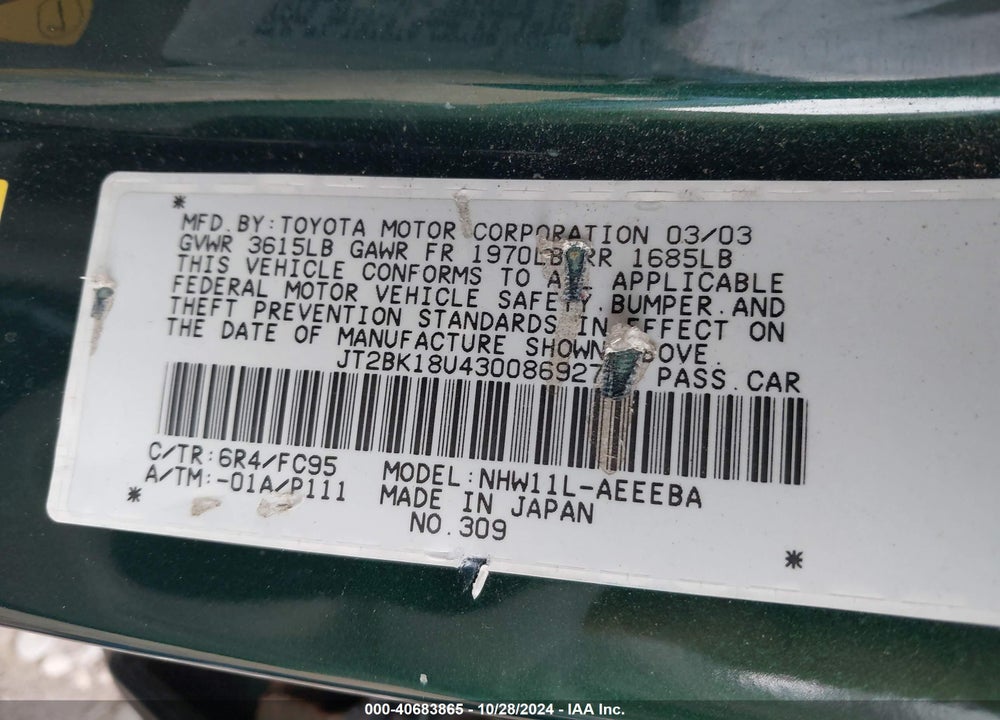 2003 TOYOTA PRIUS VIN: JT2BK18U430086927