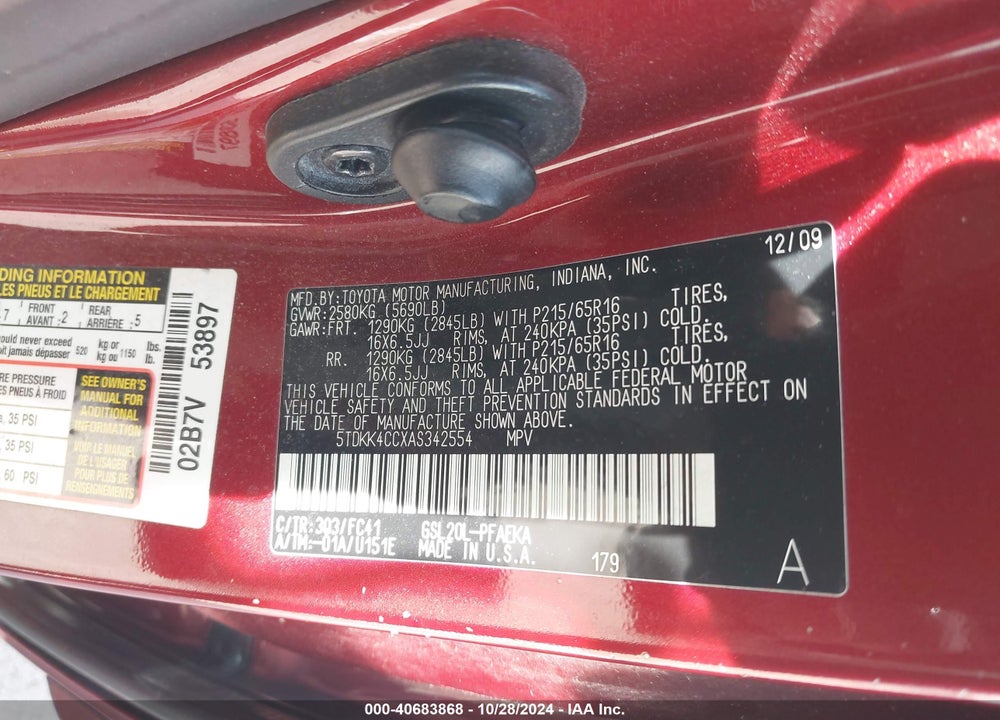 2010 TOYOTA SIENNA LE VIN: 5TDKK4CCXAS342554