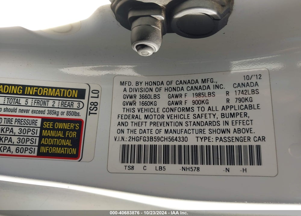 2012 HONDA CIVIC LX VIN: 2HGFG3B59CH564330