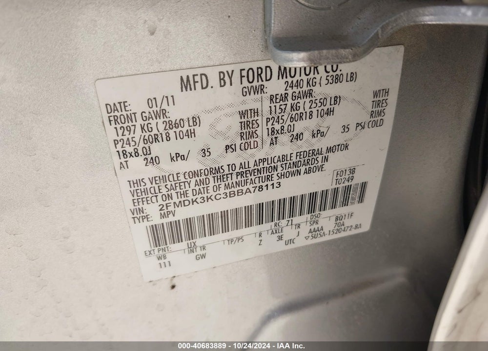 2011 FORD EDGE LIMITED VIN: 2FMDK3KC3BBA78113
