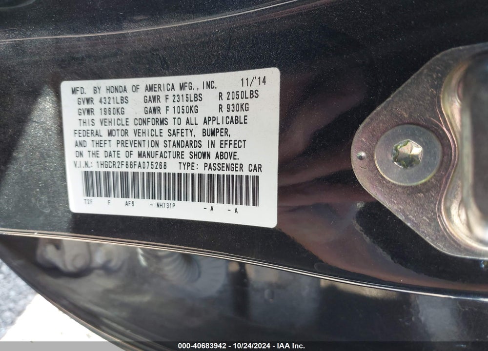 2015 HONDA ACCORD EX-L VIN: 1HGCR2F88FA075268