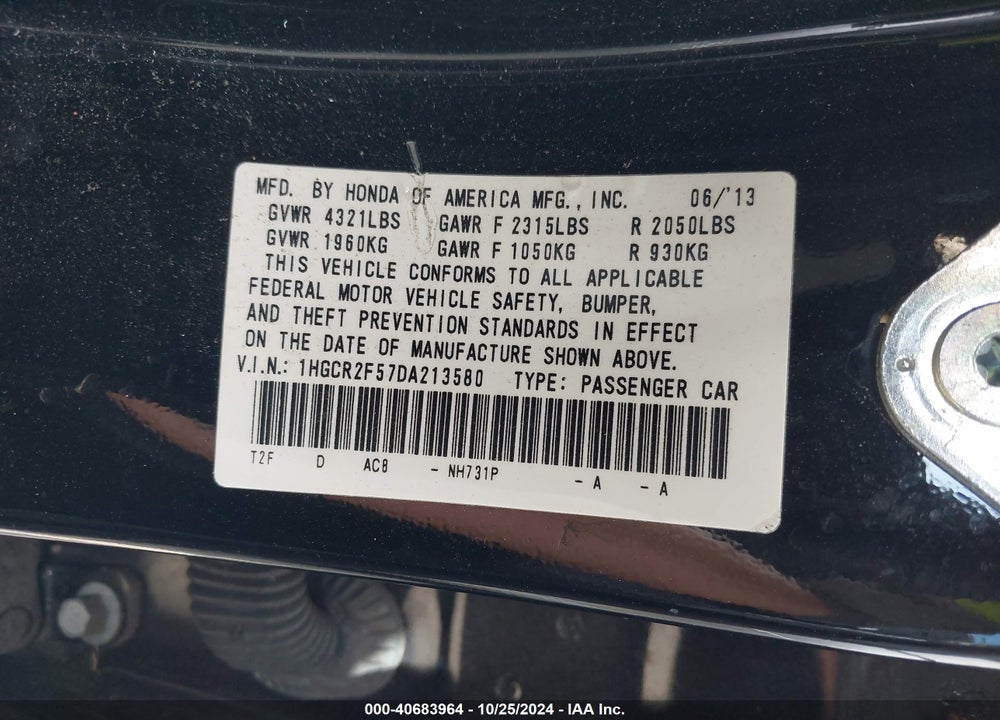2013 HONDA ACCORD SPORT VIN: 1HGCR2F57DA213580