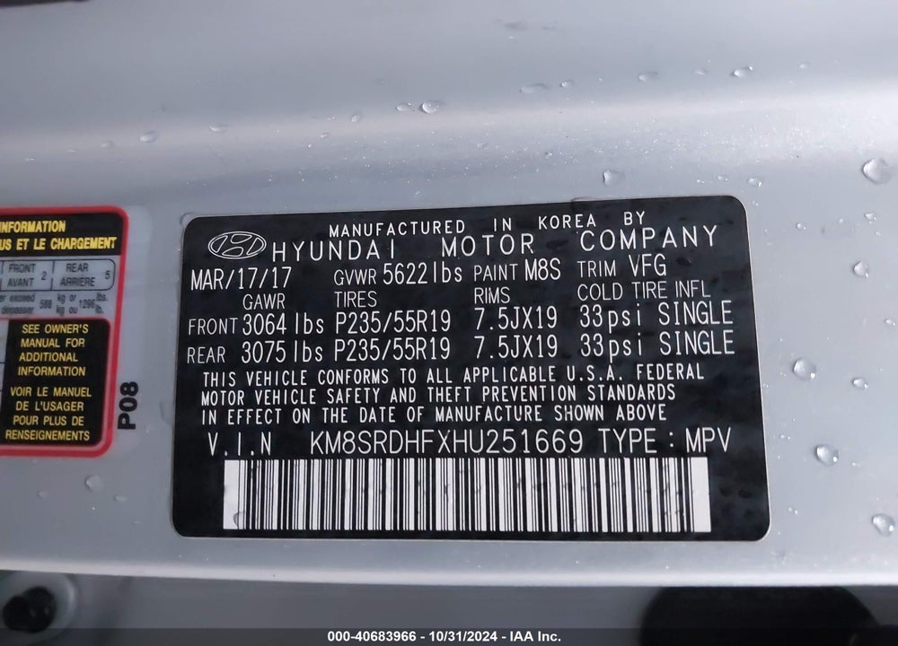 2017 HYUNDAI SANTA FE SE ULTIMATE VIN: KM8SRDHFXHU251669