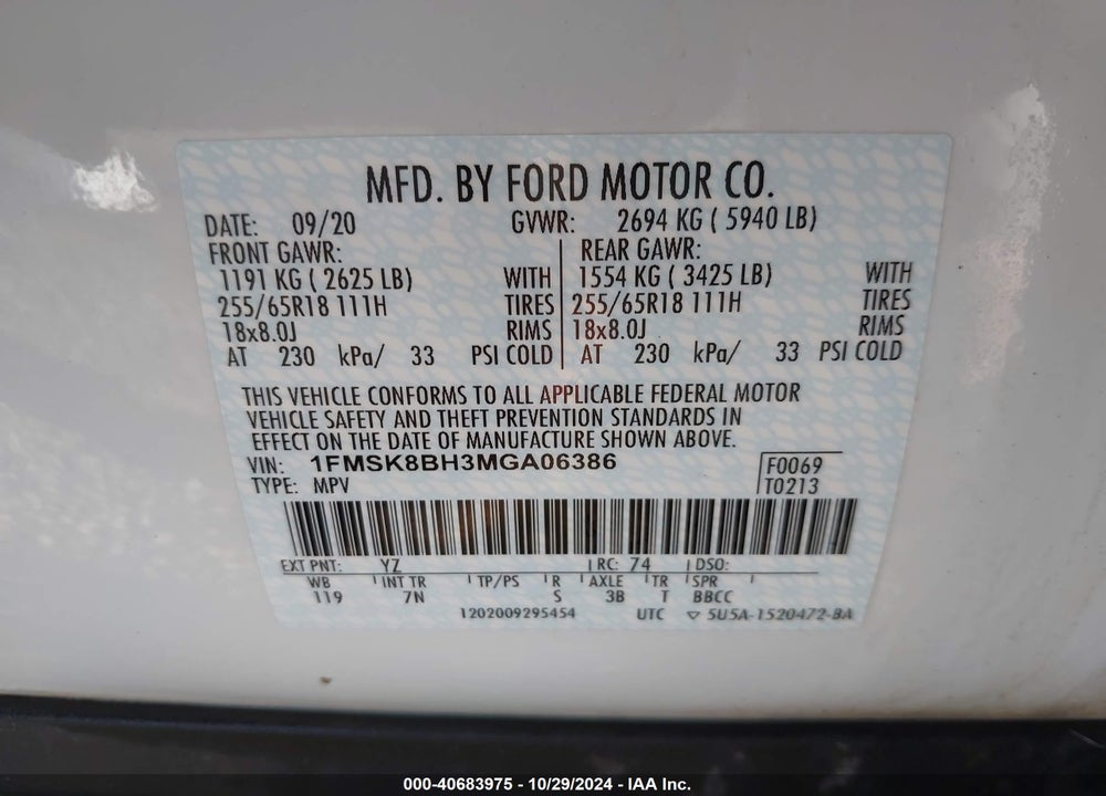 2021 FORD EXPLORER VIN: 1FMSK8BH3MGA06386