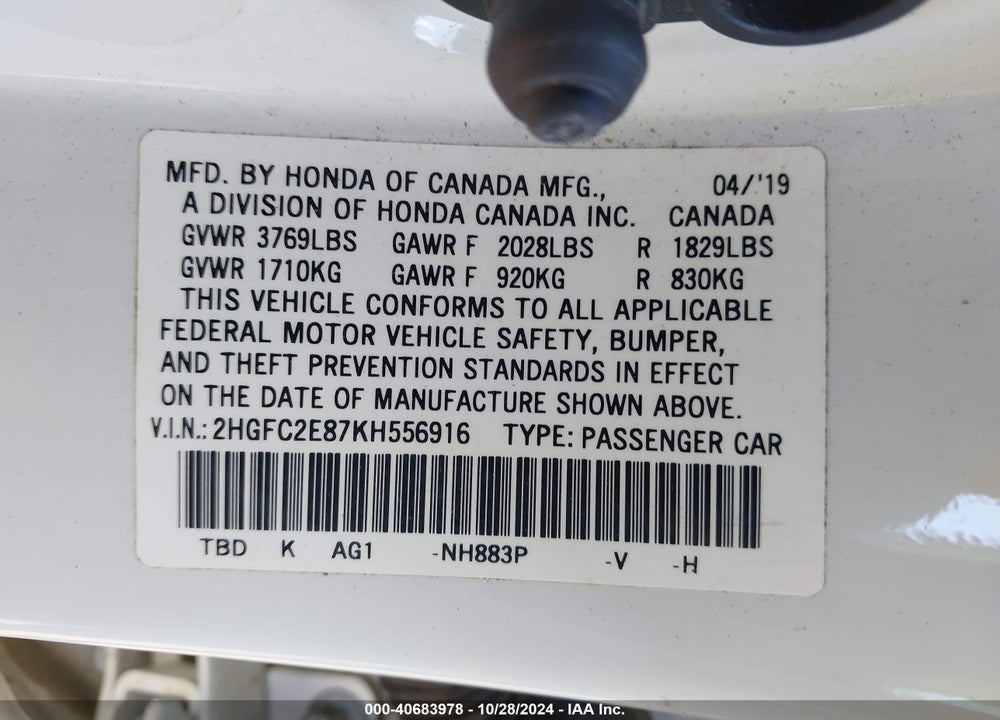 2019 HONDA CIVIC SPORT VIN: 2HGFC2E87KH556916