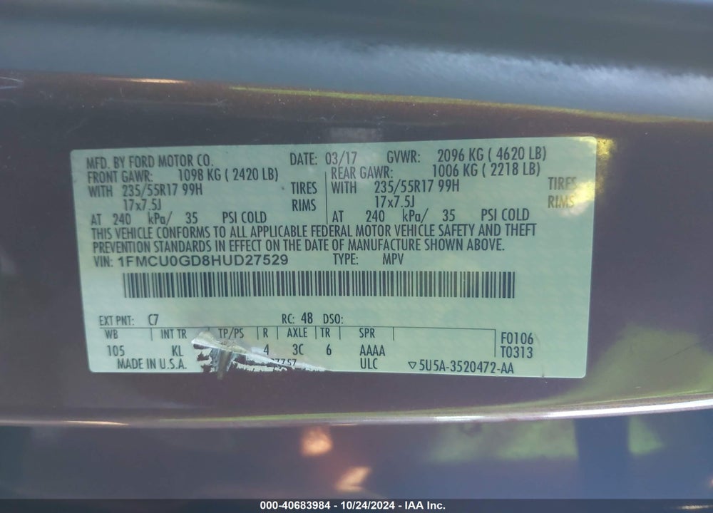 2017 FORD ESCAPE SE VIN: 1FMCU0GD8HUD27529
