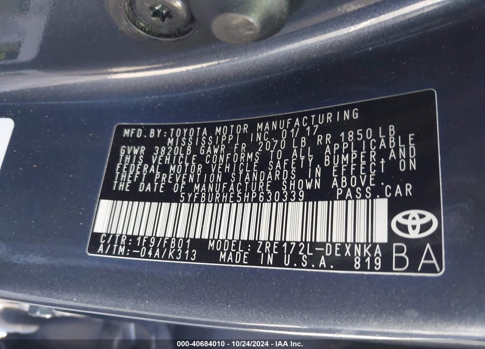 2017 TOYOTA COROLLA LE VIN: 5YFBURHE5HP630339