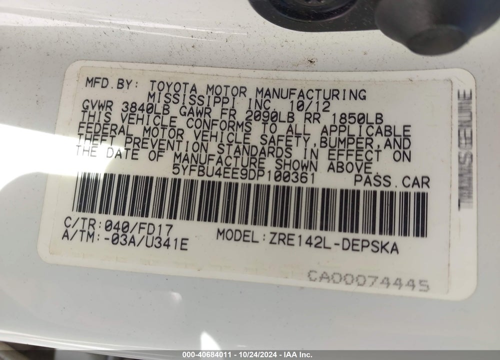 2013 TOYOTA COROLLA S VIN: 5YFBU4EE9DP100361