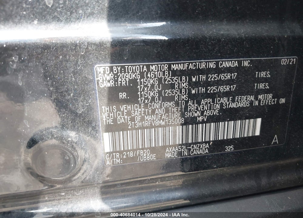 2021 TOYOTA RAV4 LE VIN: 2T3H1RFV8MW135008