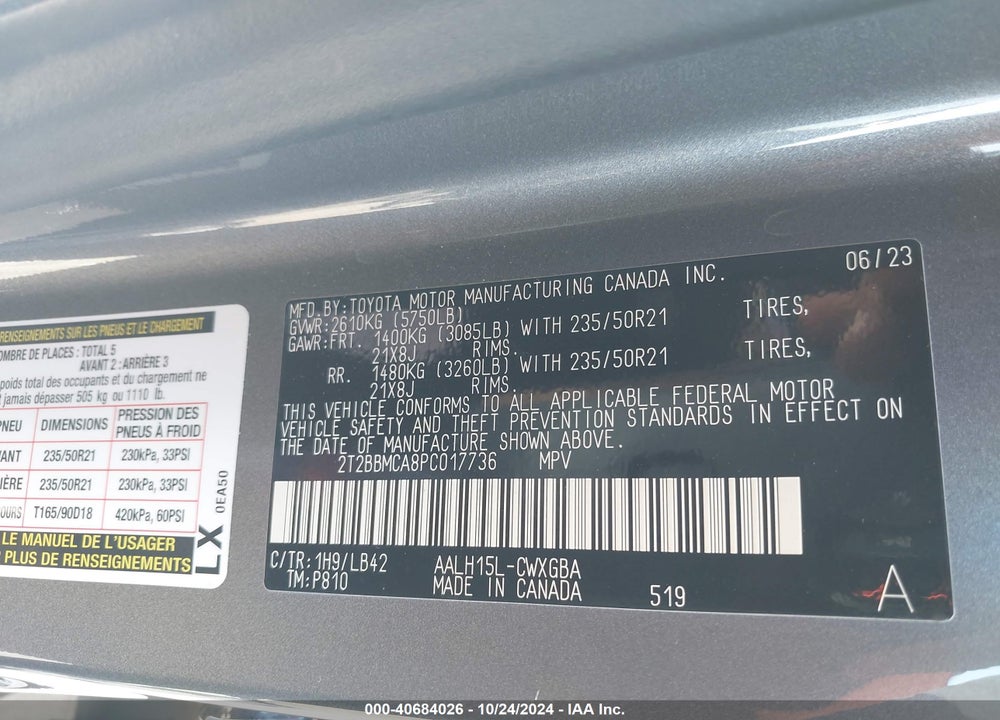 2023 LEXUS RX 350H PREMIUM PLUS VIN: 2T2BBMCA8PC017736