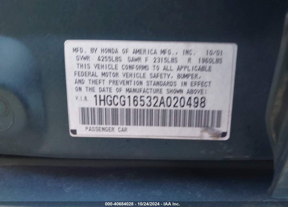 2002 HONDA ACCORD 3.0 EX VIN: 1HGCG16532A020498