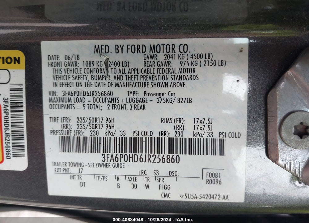 2018 FORD FUSION SE VIN: 3FA6P0HD6JR256860