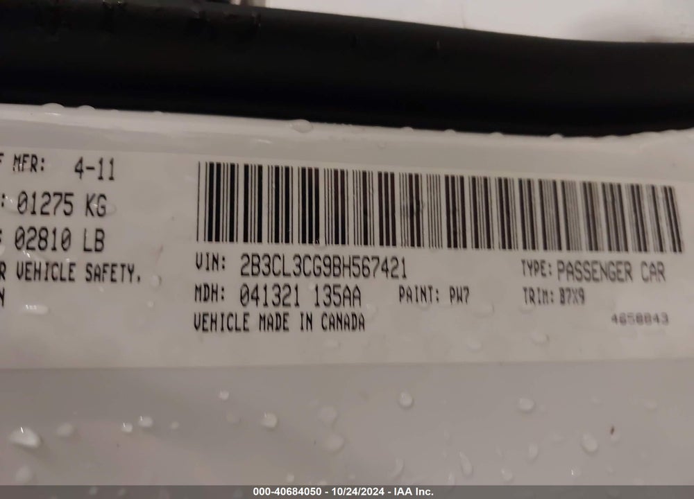2011 DODGE CHARGER VIN: 2B3CL3CG9BH567421