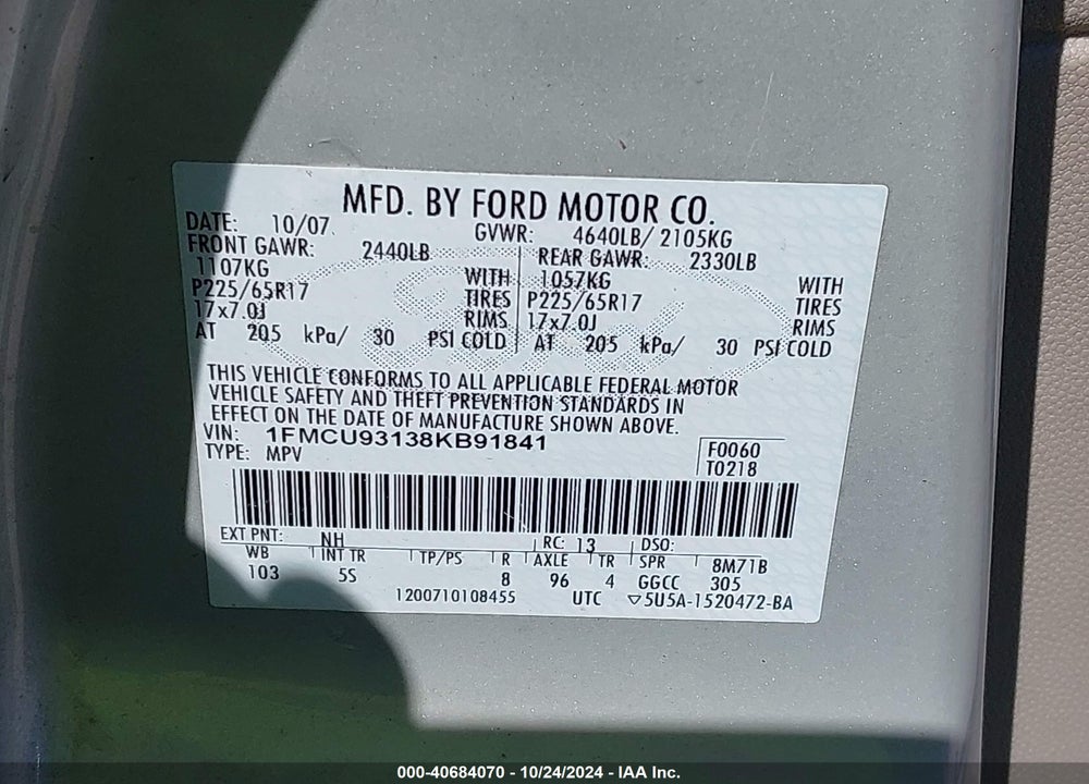 2008 FORD ESCAPE XLT VIN: 1FMCU93138KB91841