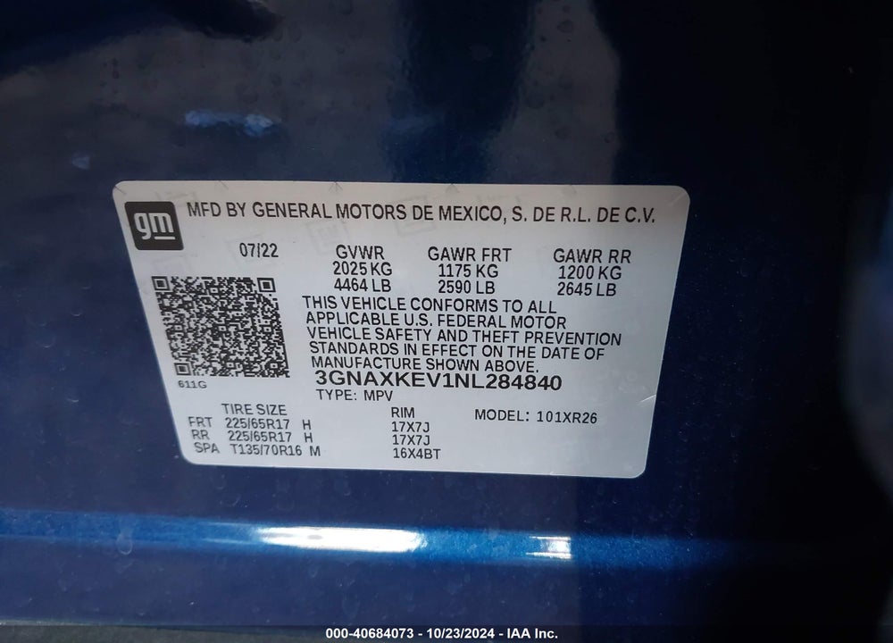 2022 CHEVROLET EQUINOX FWD LT VIN: 3GNAXKEV1NL284840