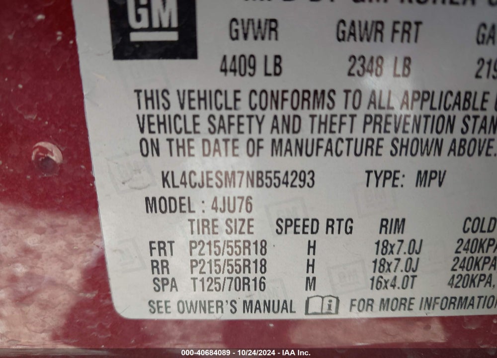2022 BUICK ENCORE AWD PREFERRED VIN: KL4CJESM7NB554293