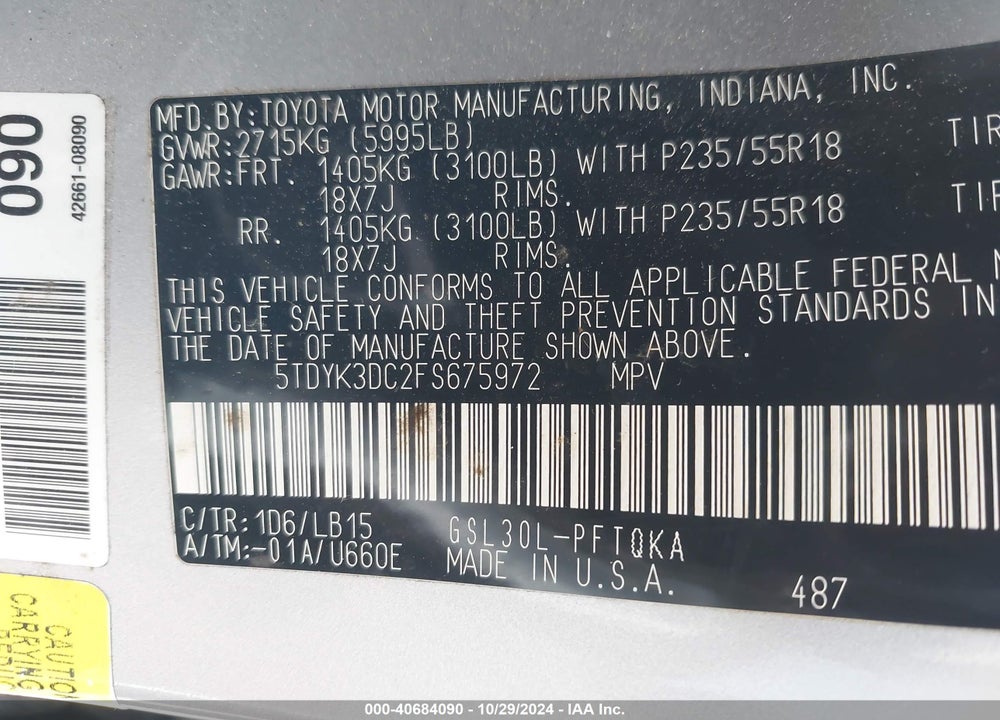 2015 TOYOTA SIENNA LIMITED PREMIUM 7 PASSENGER VIN: 5TDYK3DC2FS675972