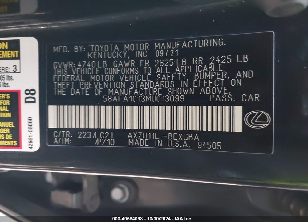 2021 LEXUS ES 300H ULTRA LUXURY VIN: 58AFA1C13MU013099