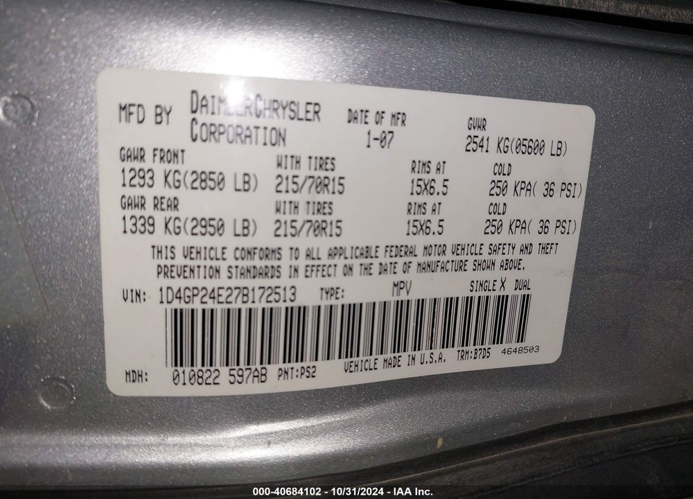2007 DODGE GRAND CARAVAN VIN: 1D4GP24E27B172513
