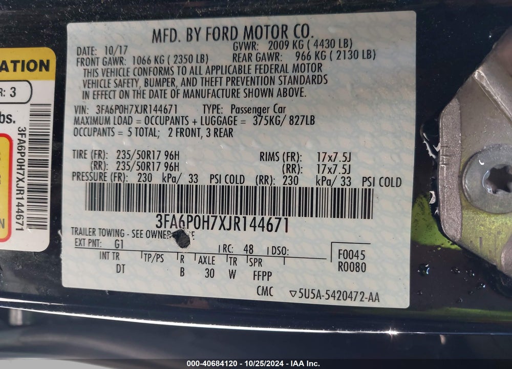 2018 FORD FUSION SE VIN: 3FA6P0H7XJR144671
