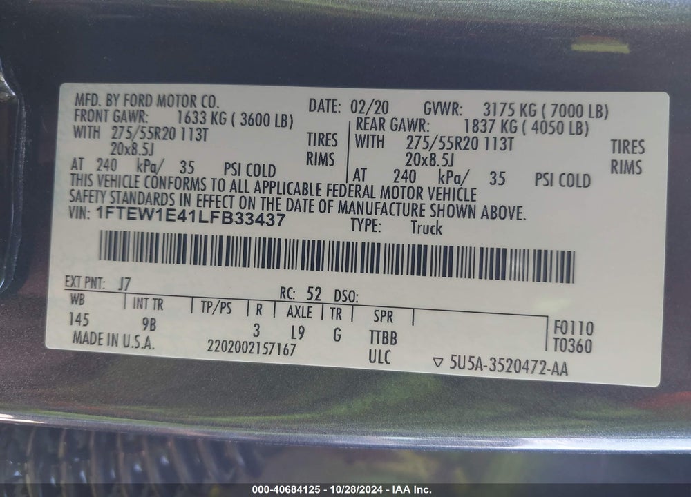 2020 FORD F-150 PLATINUM VIN: 1FTEW1E41LFB33437