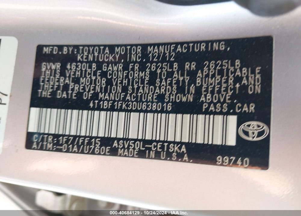 2013 TOYOTA CAMRY SE VIN: 4T1BF1FK3DU638016