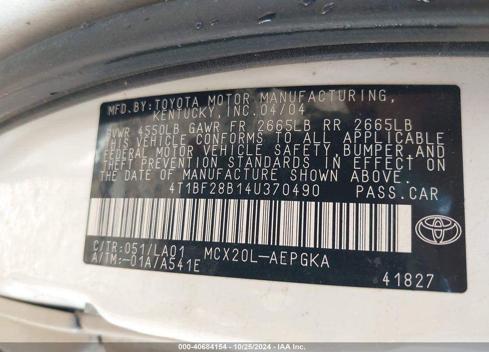 2004 TOYOTA AVALON XLS VIN: 4T1BF28B14U370490