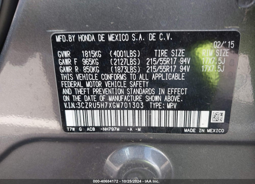 2016 HONDA HR-V EX-L VIN: 3CZRU5H7XGM701303