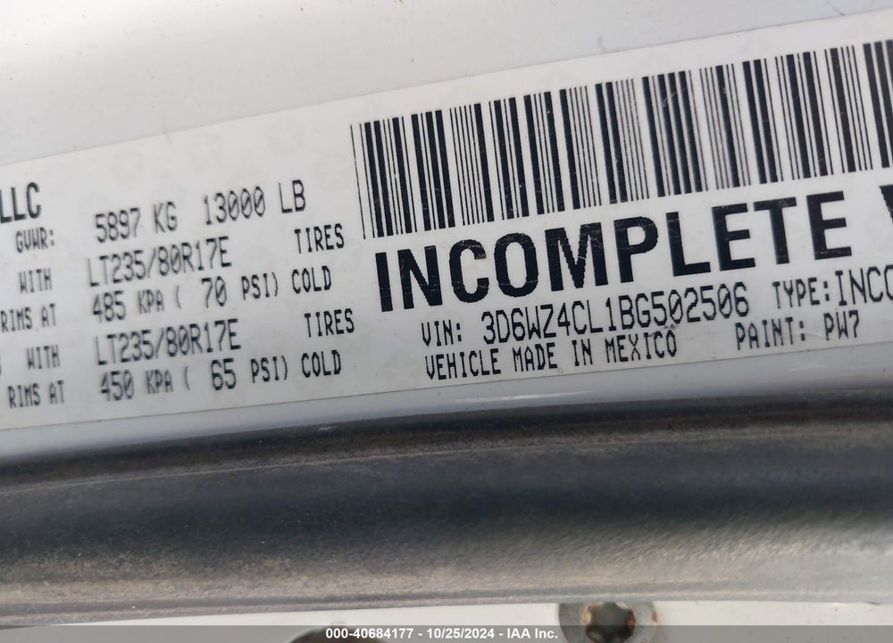 2011 DODGE RAM 3500 HD CHASSIS VIN: 3D6WZ4CL1BG502506