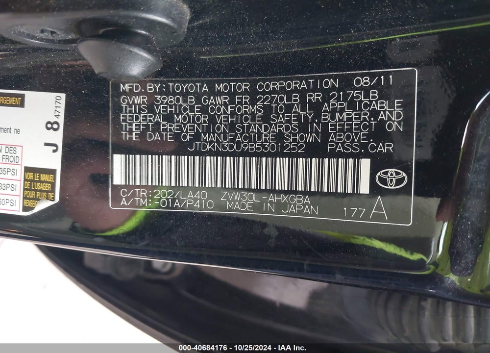 2011 TOYOTA PRIUS VIN: JTDKN3DU9B5301252