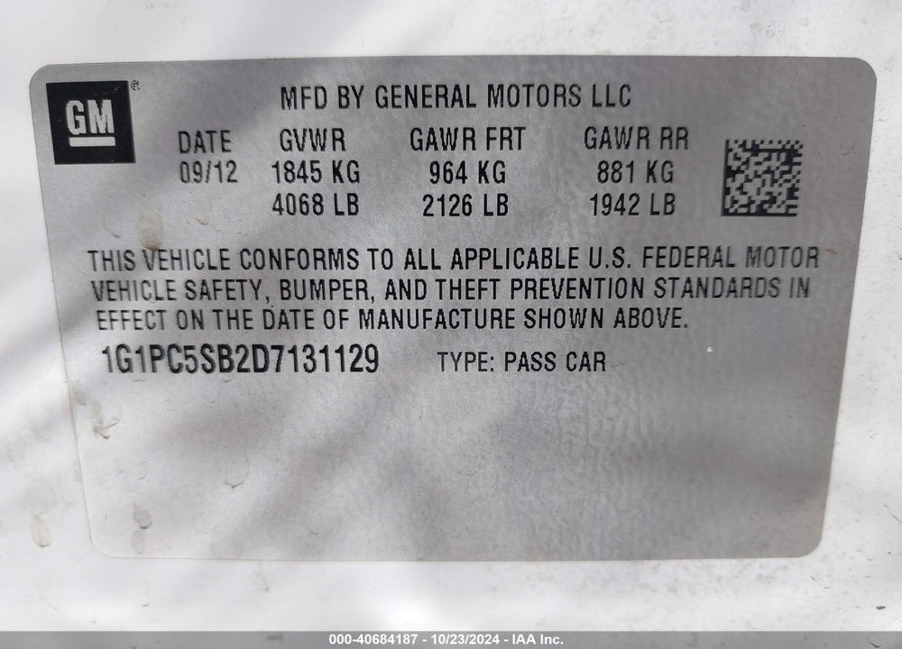 2013 CHEVROLET CRUZE 1LT AUTO VIN: 1G1PC5SB2D7131129
