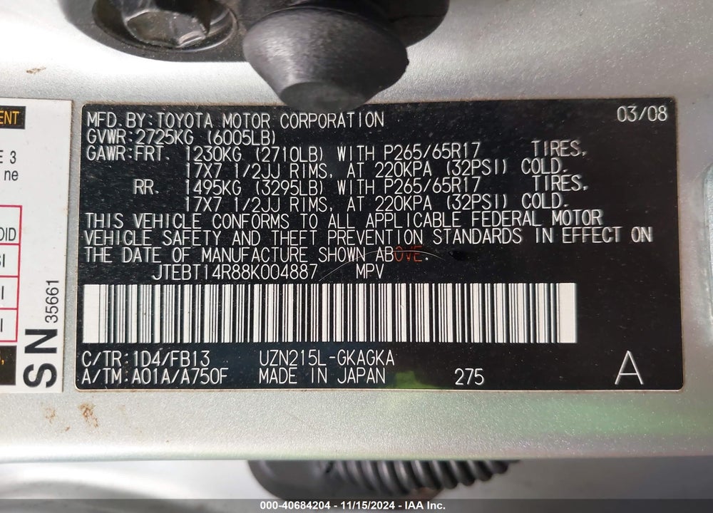 2008 TOYOTA 4RUNNER SPORT V8 VIN: JTEBT14R88K004887