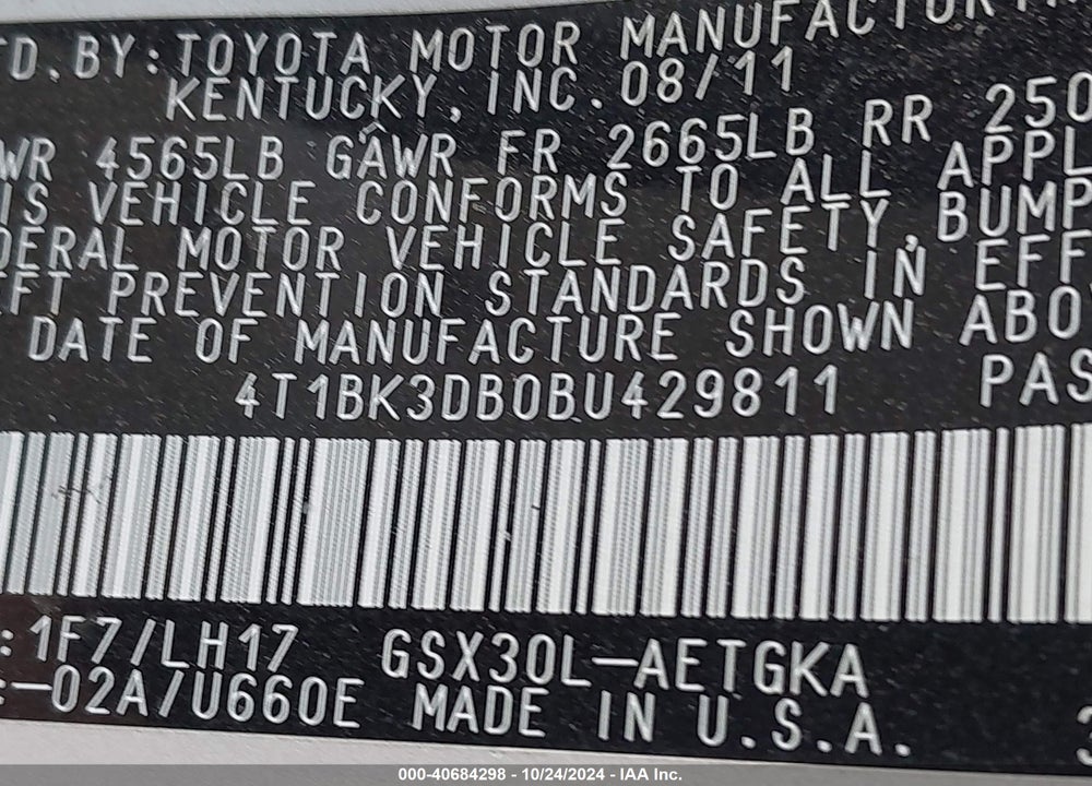 2011 TOYOTA AVALON VIN: 4T1BK3DB0BU429811