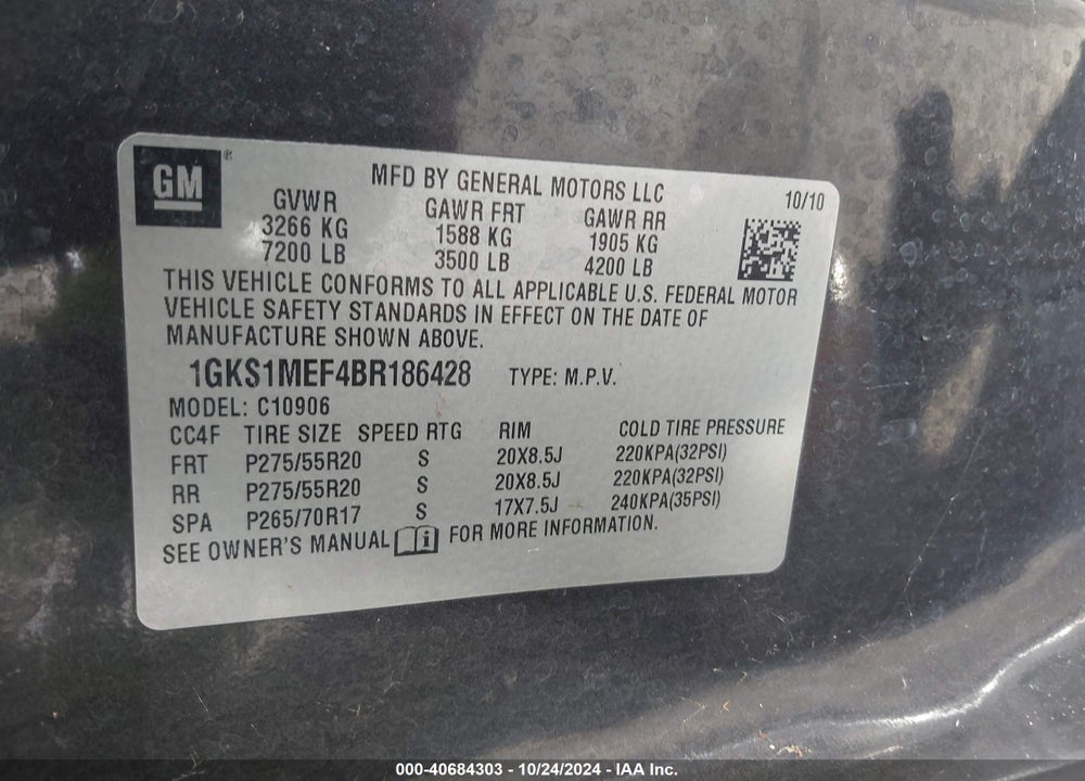 2011 GMC YUKON XL 1500 DENALI VIN: 1GKS1MEF4BR186428