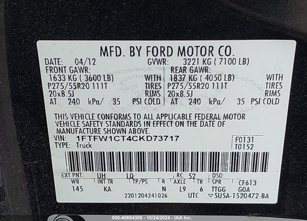 2012 FORD F-150 KING RANCH VIN: 1FTFW1CT4CKD73717