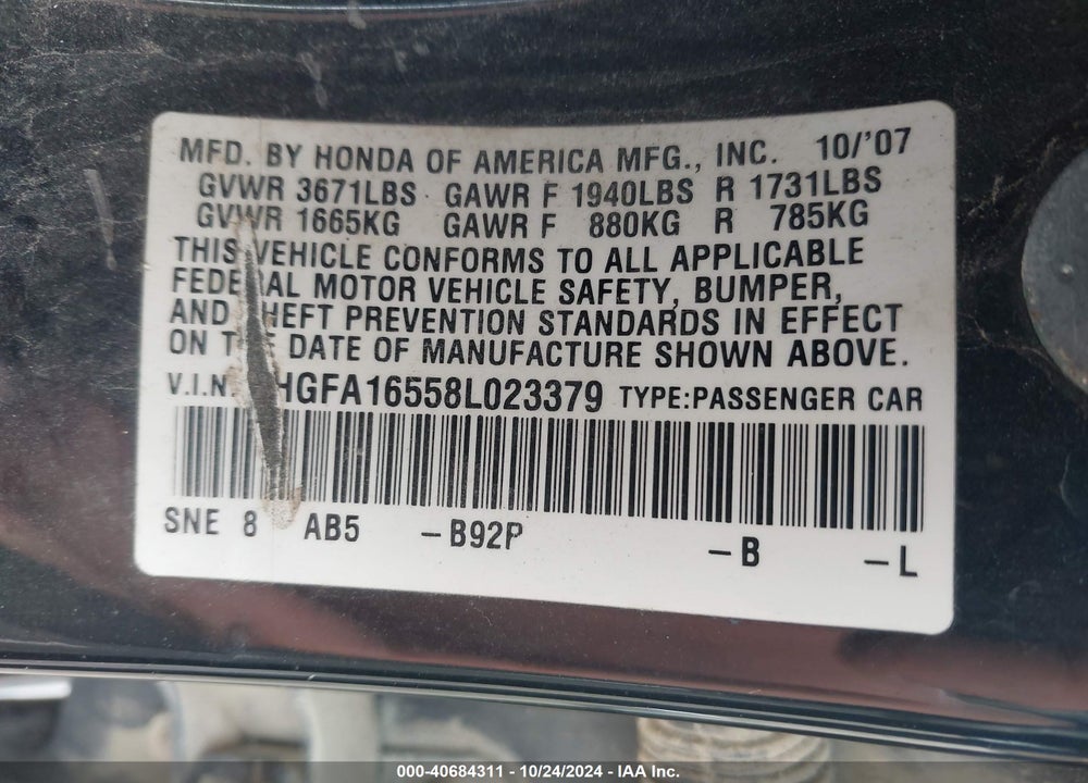 2008 HONDA CIVIC LX VIN: 1HGFA16558L023379