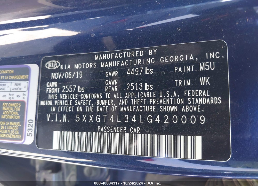 2020 KIA OPTIMA S VIN: 5XXGT4L34LG420009