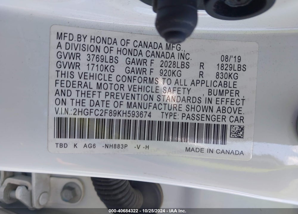 2019 HONDA CIVIC SPORT VIN: 2HGFC2F89KH593674