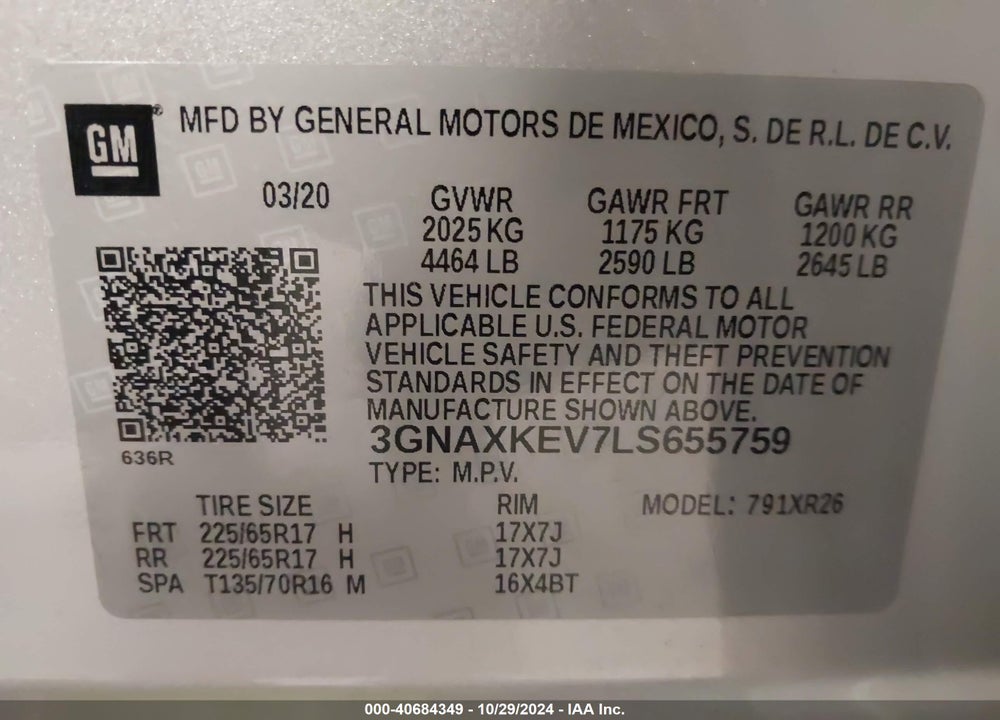 2020 CHEVROLET EQUINOX FWD LT 1.5L TURBO VIN: 3GNAXKEV7LS655759