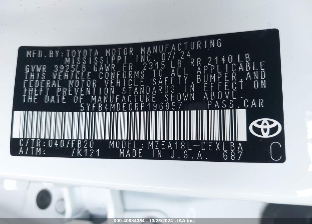 2024 TOYOTA COROLLA LE VIN: 5YFB4MDE0RP196857