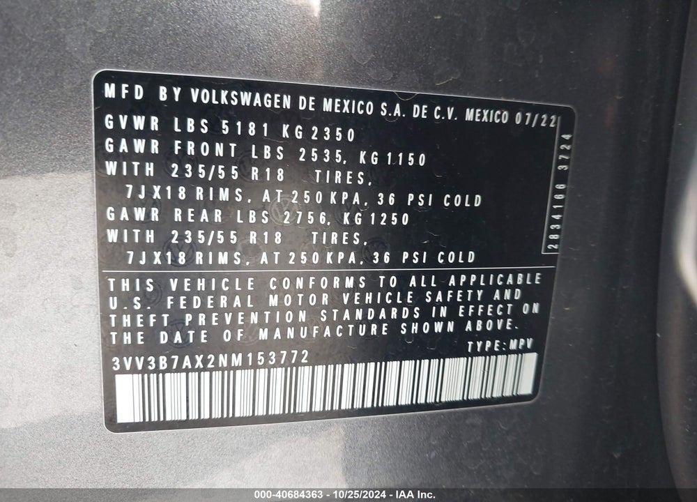 2022 VOLKSWAGEN TIGUAN 2.0T SE VIN: 3VV3B7AX2NM153772