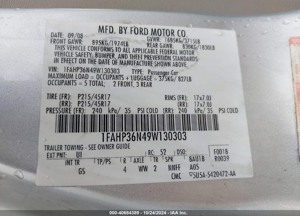 2009 FORD FOCUS SES VIN: 1FAHP36N49W130303