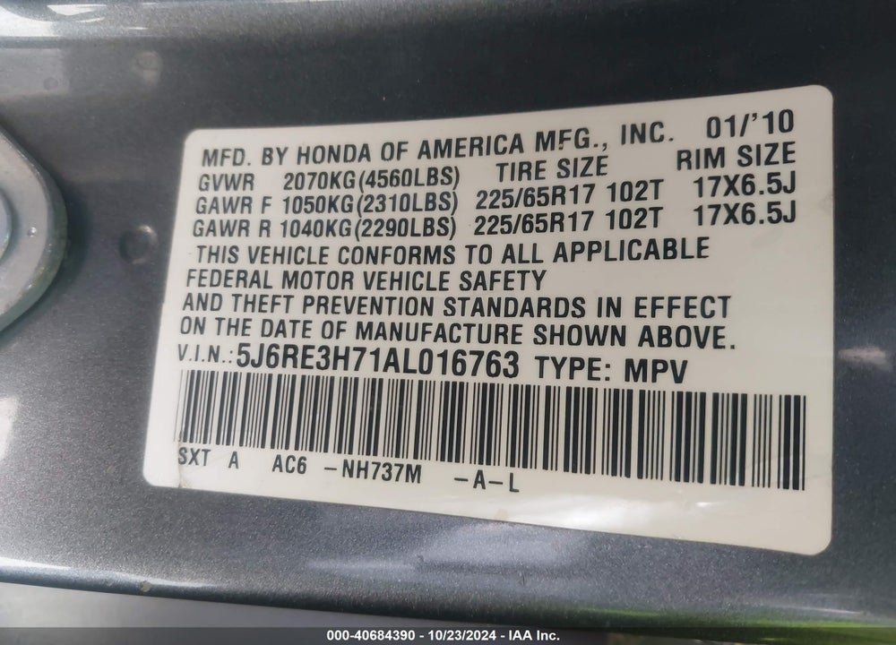 2010 HONDA CR-V EX-L VIN: 5J6RE3H71AL016763