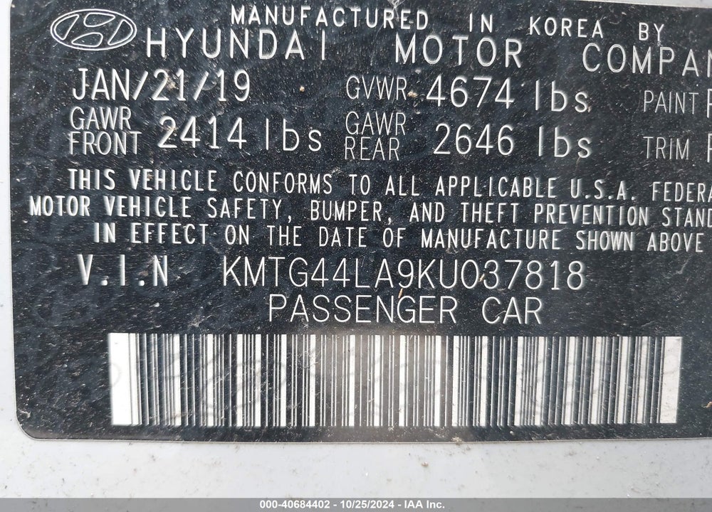 2019 GENESIS G70 VIN: KMTG44LA9KU037818