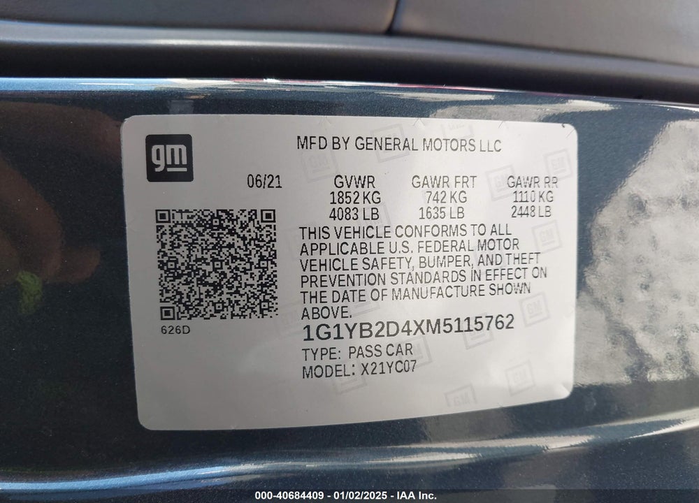 2021 CHEVROLET CORVETTE STINGRAY VIN: 1G1YB2D4XM5115762