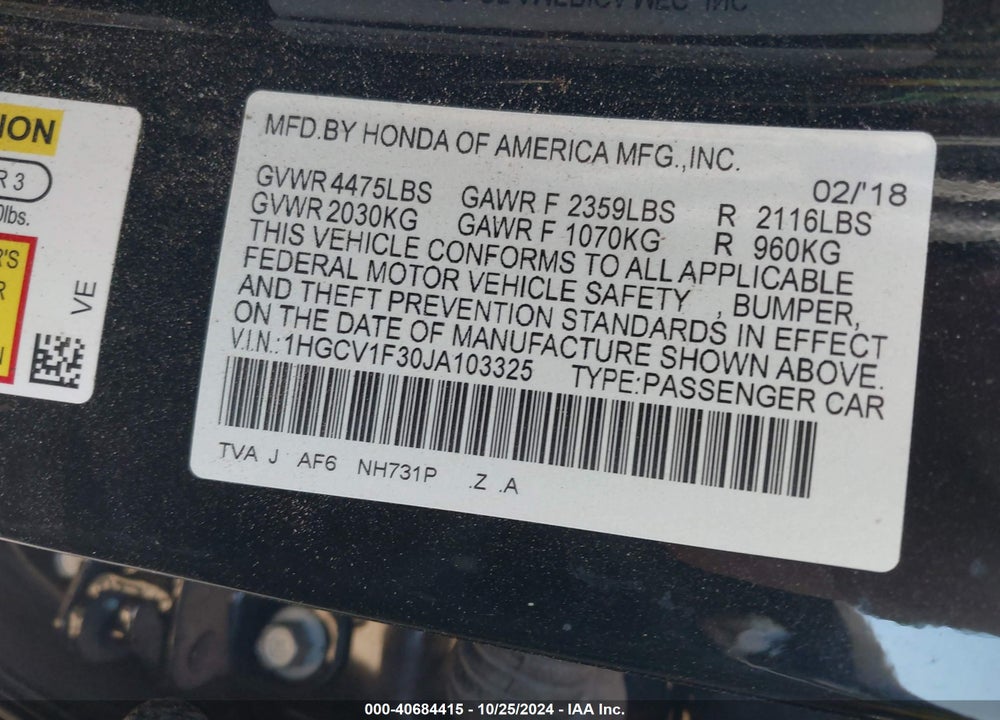 2018 HONDA ACCORD VIN: 1HGCV1F30JA103325