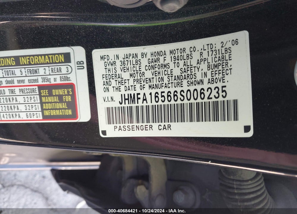 2006 HONDA CIVIC LX VIN: JHMFA16566S006235