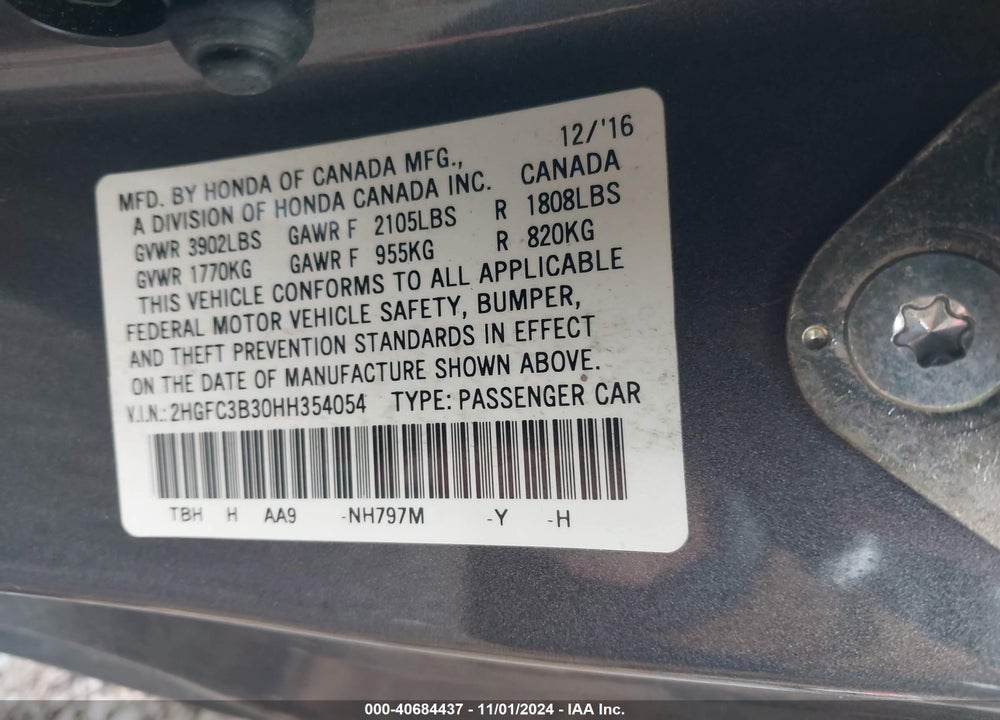 2017 HONDA CIVIC EX-T VIN: 2HGFC3B30HH354054
