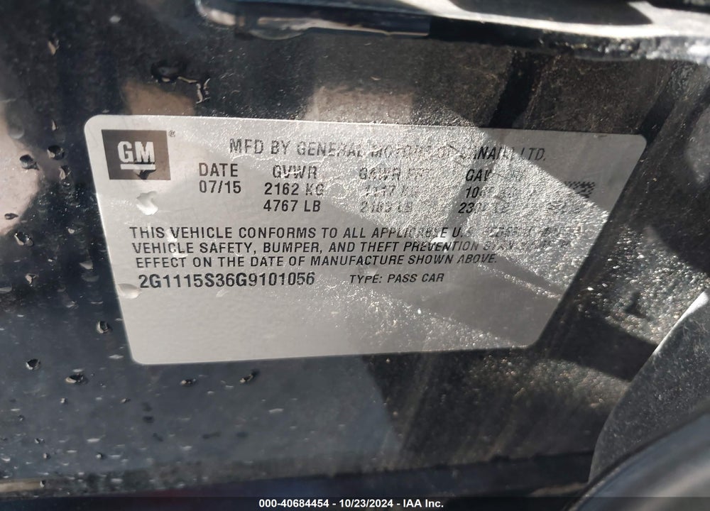 2016 CHEVROLET IMPALA 2LT VIN: 2G1115S36G9101056