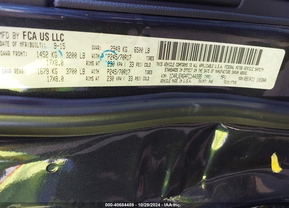 2015 JEEP GRAND CHEROKEE LAREDO VIN: 1C4RJEAG4FC144395